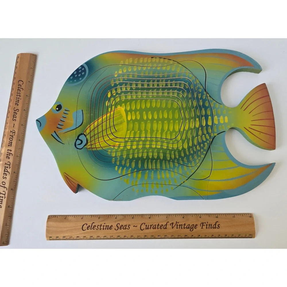 Vintage Hand Painted Wooden Collapsible Fish Basket Tropical Nautical Decor 12in
